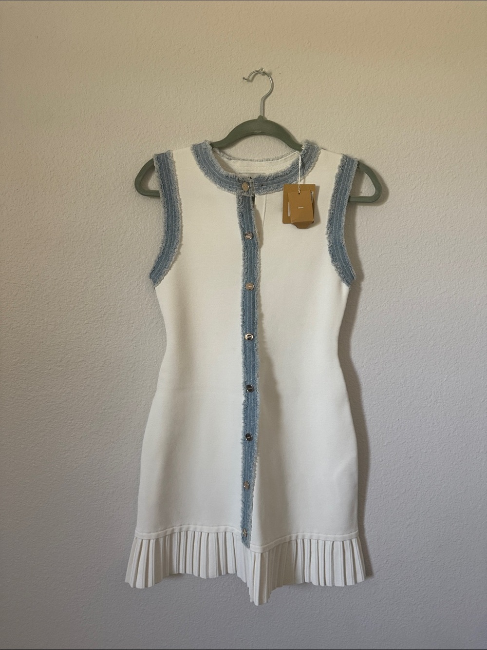 Sandro Paris Sleeveless White Mini Dress with Light Blue Trim and Front Buttons